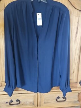 Express Navy V-Neck Long Sleeve Blouse